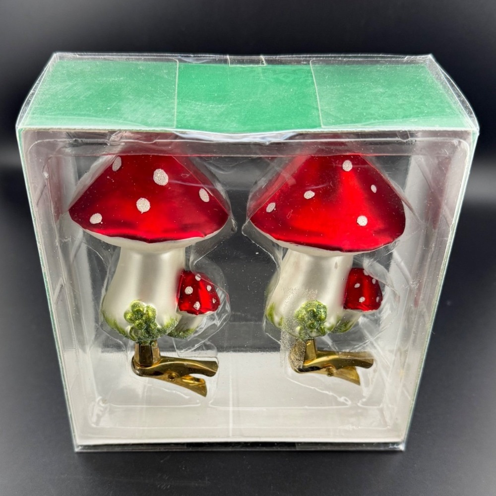 Kurt S Adler Mushroom Clip On Glass Ornaments Set of 2 Fairycore Garden Whimsy